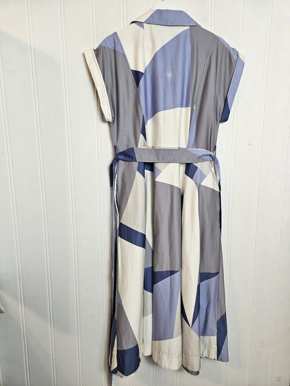 Donna Karan Midi Shirt Dress 12 Pockets Printed Pleated Belted Button Down Blue - Picture 8 of 16